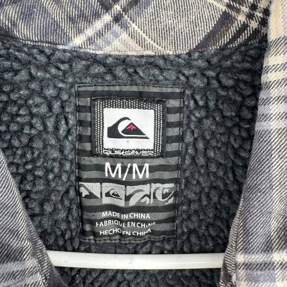 QuikSilver Plaid Sherpa Lined Flannel Shacket Jacket Mens Medium Gray Blue - Picture 7 of 10